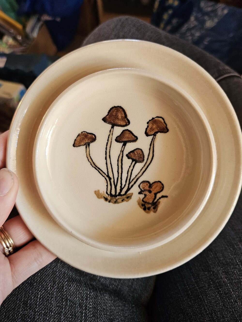 Vintage Handpainted Mushrooms And Mouse Ash Tray Style Trinket Dish
